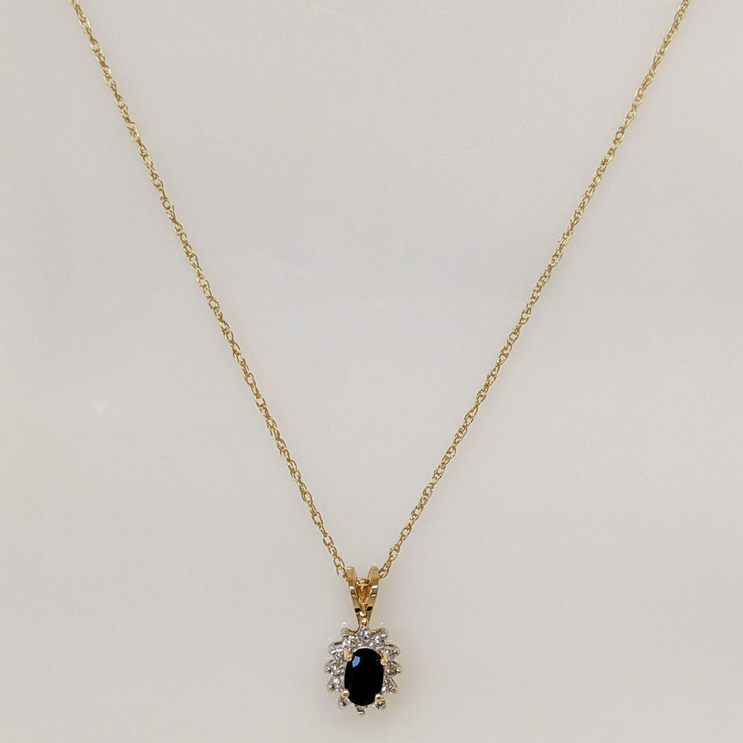 14K SAPPHIRE OVAL 4X6 WITH .12 DIAMOND TOTAL WEIGHT (12) ESTATE PENDANT & CHAIN 1.3 GRAMS