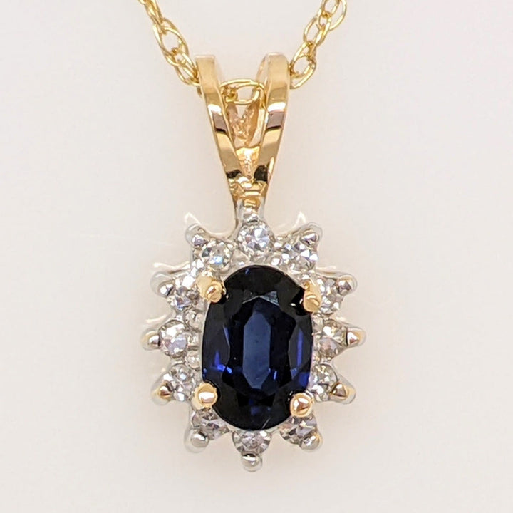 14K SAPPHIRE OVAL 4X6 WITH .12 DIAMOND TOTAL WEIGHT (12) ESTATE PENDANT & CHAIN 1.3 GRAMS