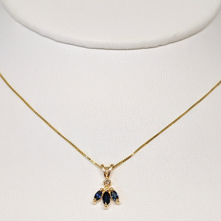 14K SAPPHIRE MARQUISE (3) WITH MELEE ESTATE PENDANT & CHAIN 1.6 GRAMS