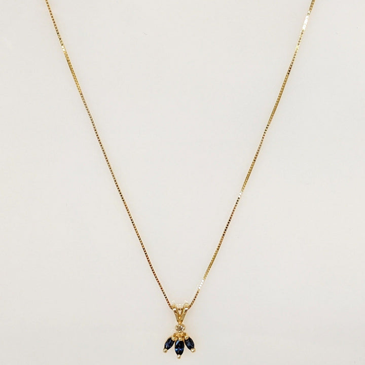 14K SAPPHIRE MARQUISE (3) WITH MELEE ESTATE PENDANT & CHAIN 1.6 GRAMS