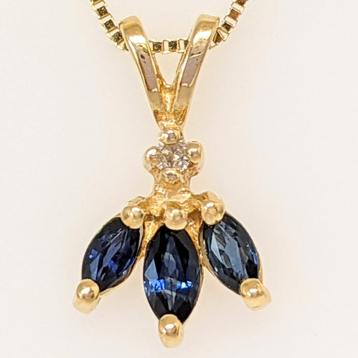 14K SAPPHIRE MARQUISE (3) WITH MELEE ESTATE PENDANT & CHAIN 1.6 GRAMS