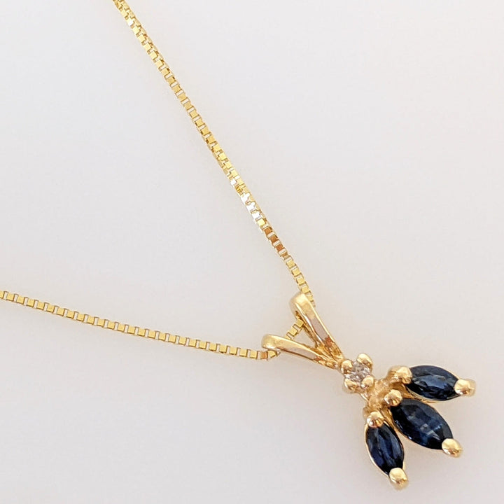 14K SAPPHIRE MARQUISE (3) WITH MELEE ESTATE PENDANT & CHAIN 1.6 GRAMS