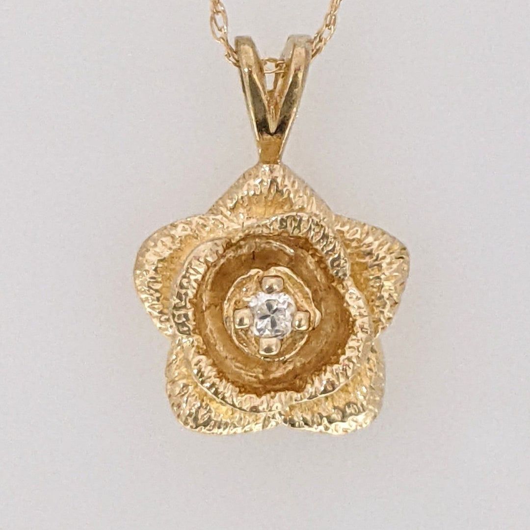 14K .03 CARAT TOTAL DIAMOND ROUND ROSE FLOWER ESTATE PENDANT & CHAIN 2.5 GRAMS