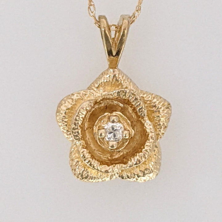 14K .03 CARAT TOTAL DIAMOND ROUND ROSE FLOWER ESTATE PENDANT & CHAIN 2.5 GRAMS