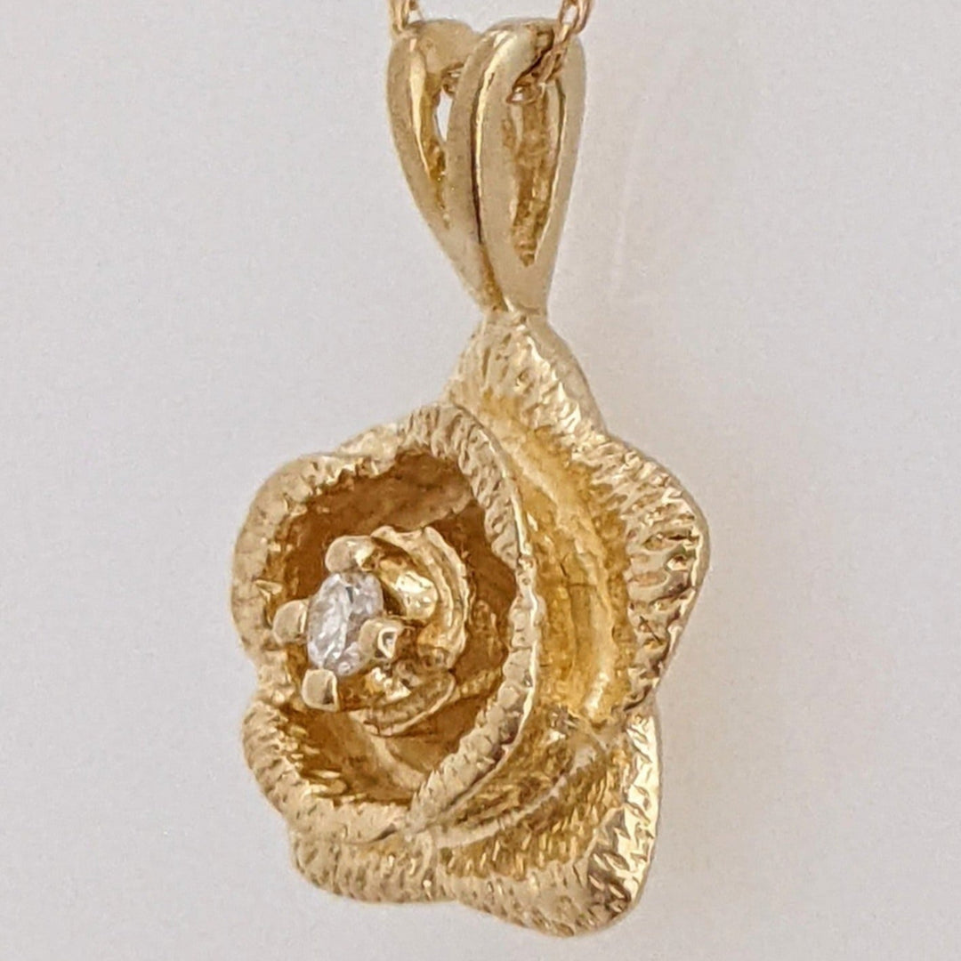 14K .03 CARAT TOTAL DIAMOND ROUND ROSE FLOWER ESTATE PENDANT & CHAIN 2.5 GRAMS