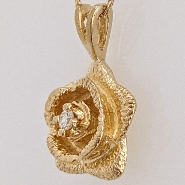 14K .03 CARAT TOTAL DIAMOND ROUND ROSE FLOWER ESTATE PENDANT & CHAIN 2.5 GRAMS