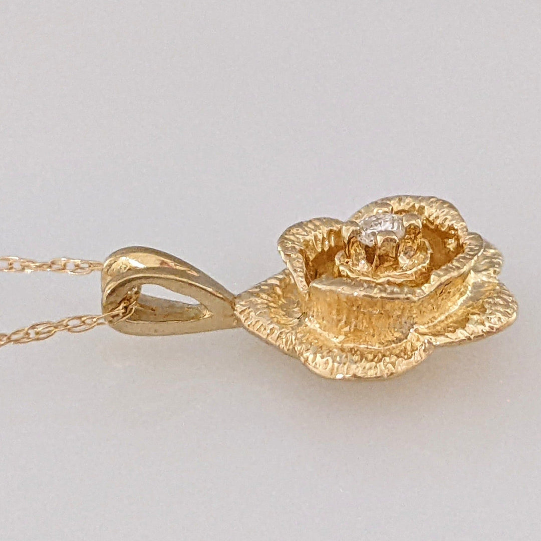 14K .03 CARAT TOTAL DIAMOND ROUND ROSE FLOWER ESTATE PENDANT & CHAIN 2.5 GRAMS