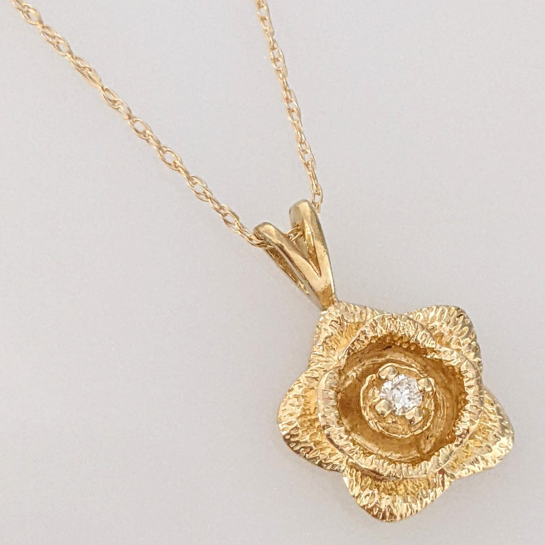 14K .03 CARAT TOTAL DIAMOND ROUND ROSE FLOWER ESTATE PENDANT & CHAIN 2.5 GRAMS