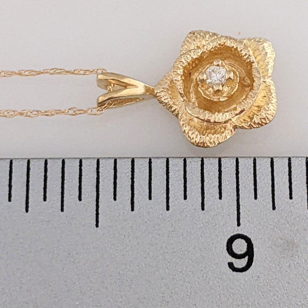 14K .03 CARAT TOTAL DIAMOND ROUND ROSE FLOWER ESTATE PENDANT & CHAIN 2.5 GRAMS