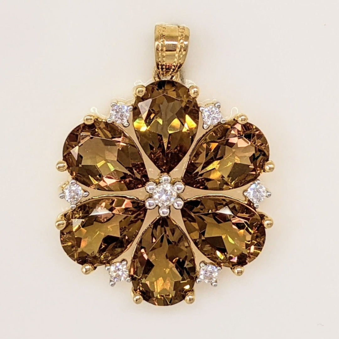 14K CUBIC ZIRCONIA YELLOW/ GREEN (5) PEAR 7X10 CLEAR ROUND (7) ESTATE PENDANT 5.7 GRAMS