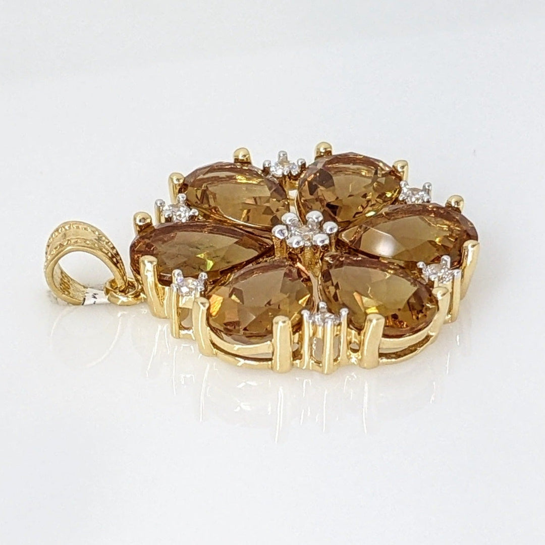 14K CUBIC ZIRCONIA YELLOW/ GREEN (5) PEAR 7X10 CLEAR ROUND (7) ESTATE PENDANT 5.7 GRAMS