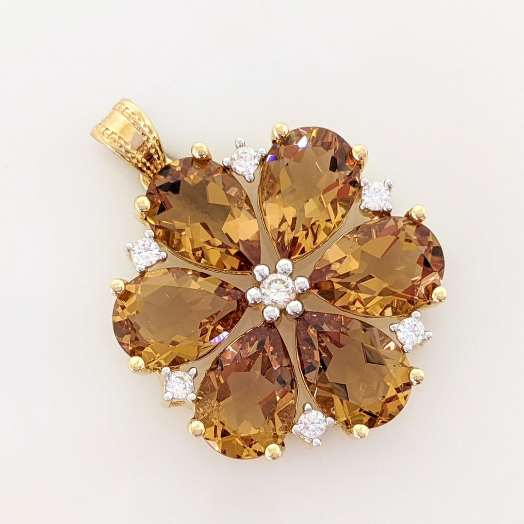 14K CUBIC ZIRCONIA YELLOW/ GREEN (5) PEAR 7X10 CLEAR ROUND (7) ESTATE PENDANT 5.7 GRAMS