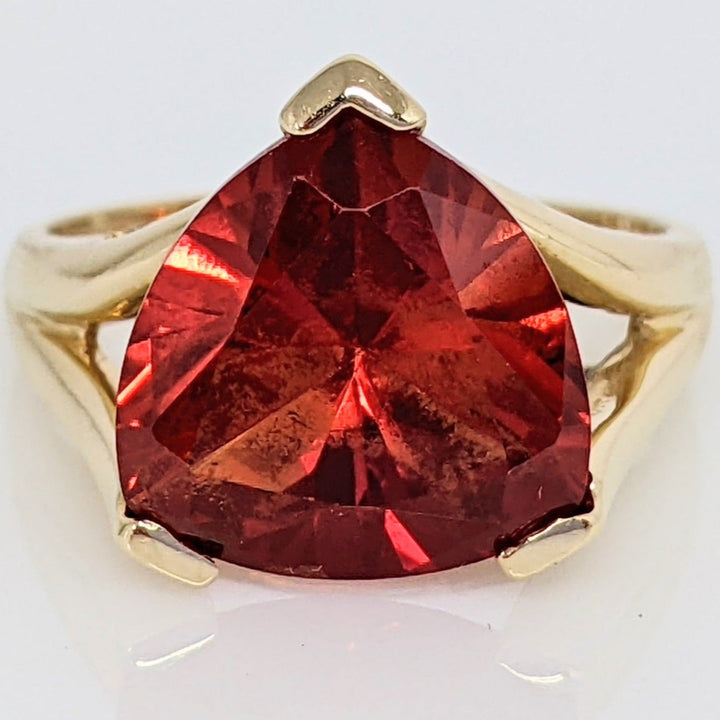 14K LAB-CREATED ORANGE SAPPHIRE TRILLION 12X12 ESTATE RING 4.5 GRAMS