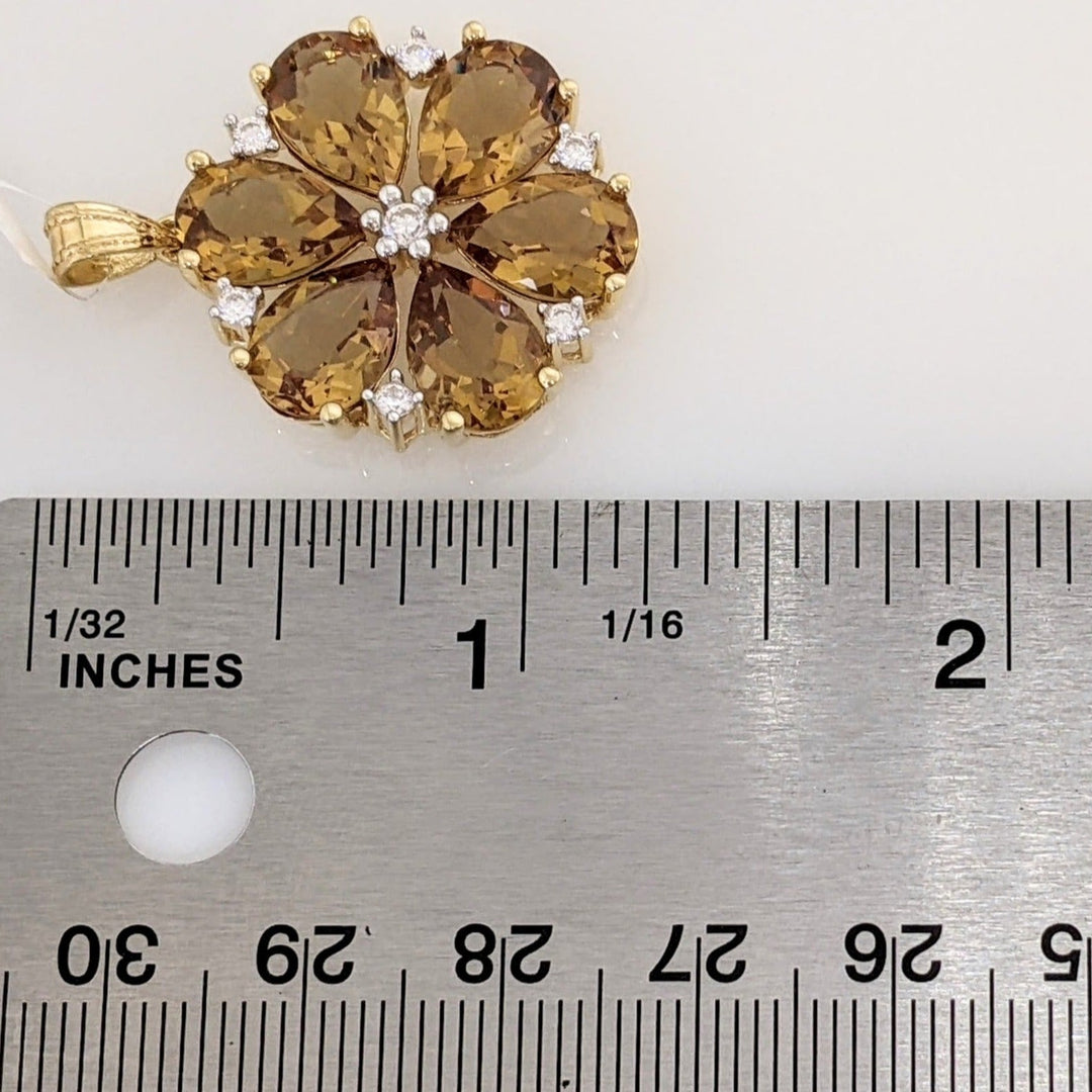 14K CUBIC ZIRCONIA YELLOW/ GREEN (5) PEAR 7X10 CLEAR ROUND (7) ESTATE PENDANT 5.7 GRAMS