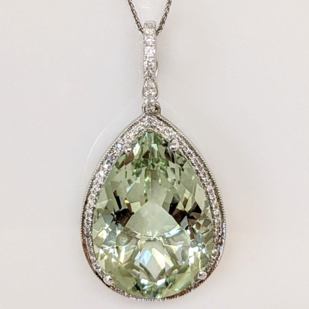 14K WHITE GREEN QUARTZ PEAR 18X25 WITH .61 DIAMOND TOTAL WEIGHT ESTATE PENDANT & CHAIN 12.0 GRAMS