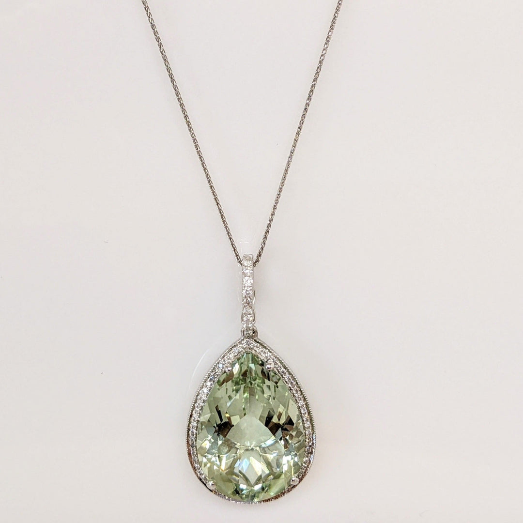 14K WHITE GREEN QUARTZ PEAR 18X25 WITH .61 DIAMOND TOTAL WEIGHT ESTATE PENDANT & CHAIN 12.0 GRAMS