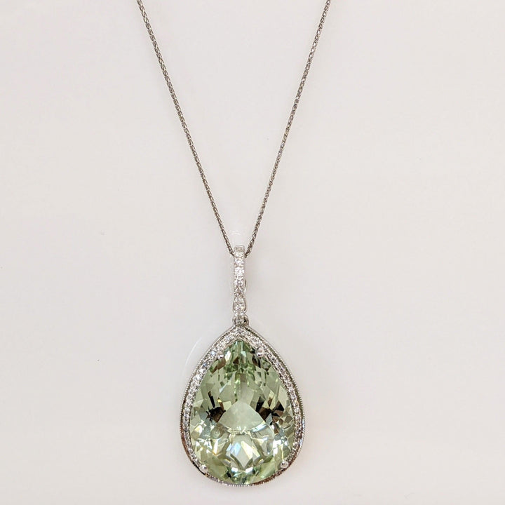 14K WHITE GREEN QUARTZ PEAR 18X25 WITH .61 DIAMOND TOTAL WEIGHT ESTATE PENDANT & CHAIN 12.0 GRAMS