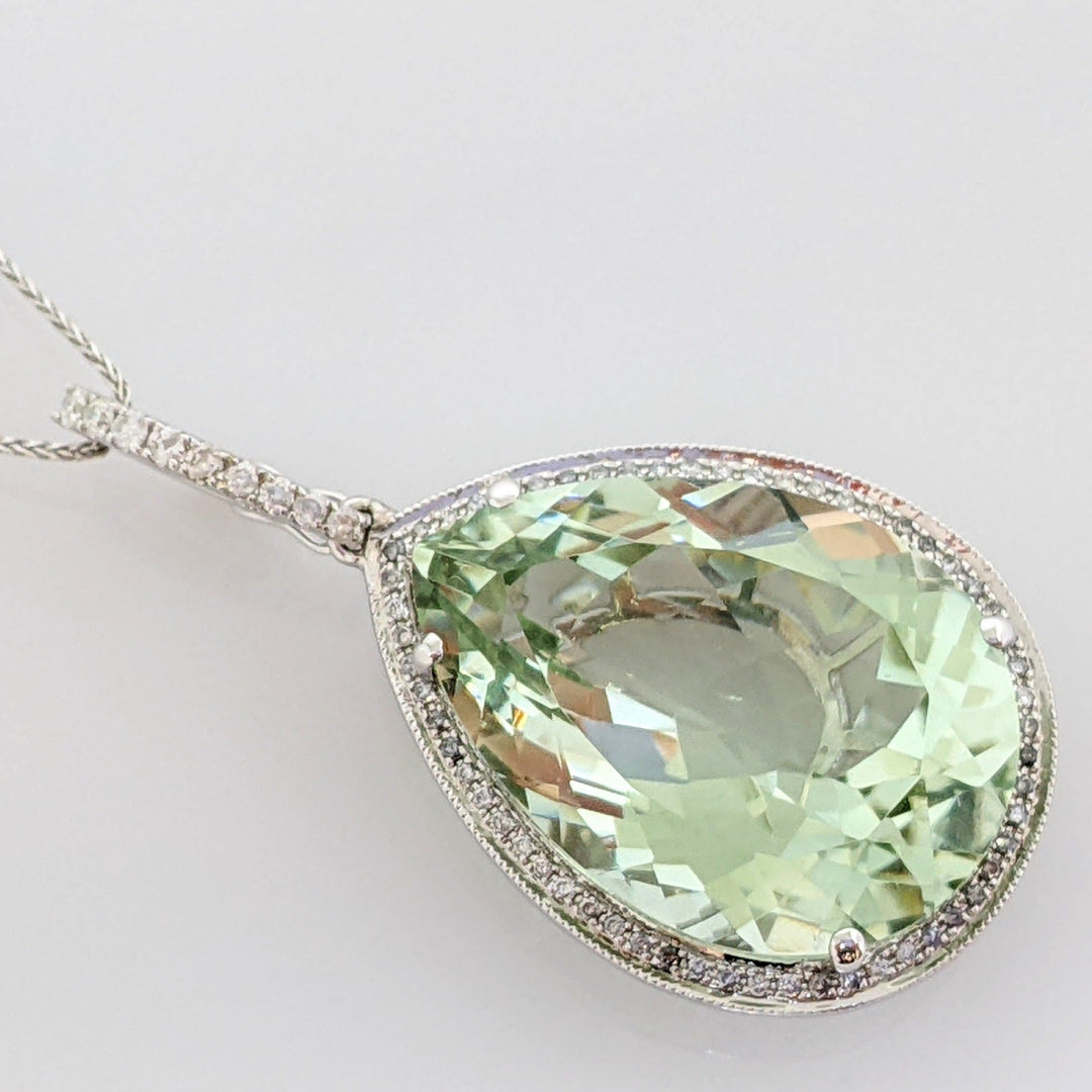 14K WHITE GREEN QUARTZ PEAR 18X25 WITH .61 DIAMOND TOTAL WEIGHT ESTATE PENDANT & CHAIN 12.0 GRAMS