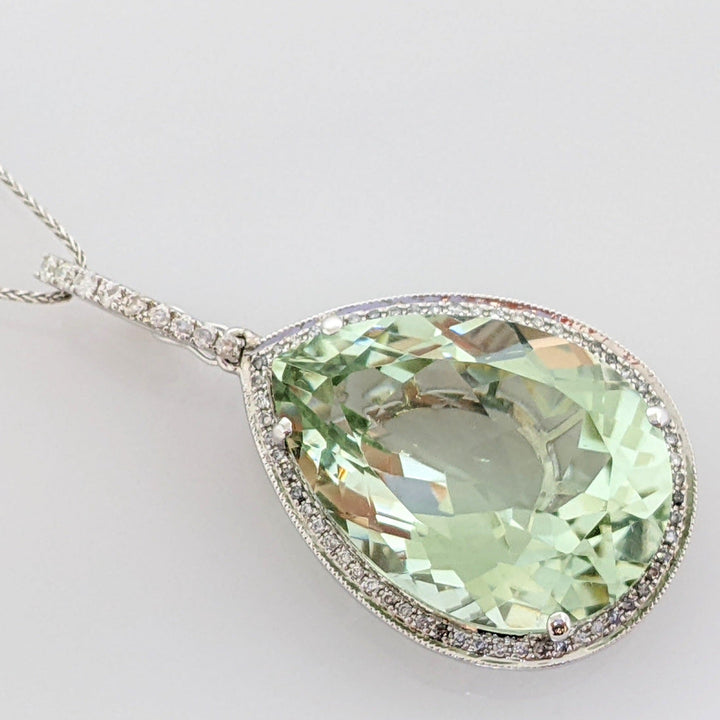 14K WHITE GREEN QUARTZ PEAR 18X25 WITH .61 DIAMOND TOTAL WEIGHT ESTATE PENDANT & CHAIN 12.0 GRAMS
