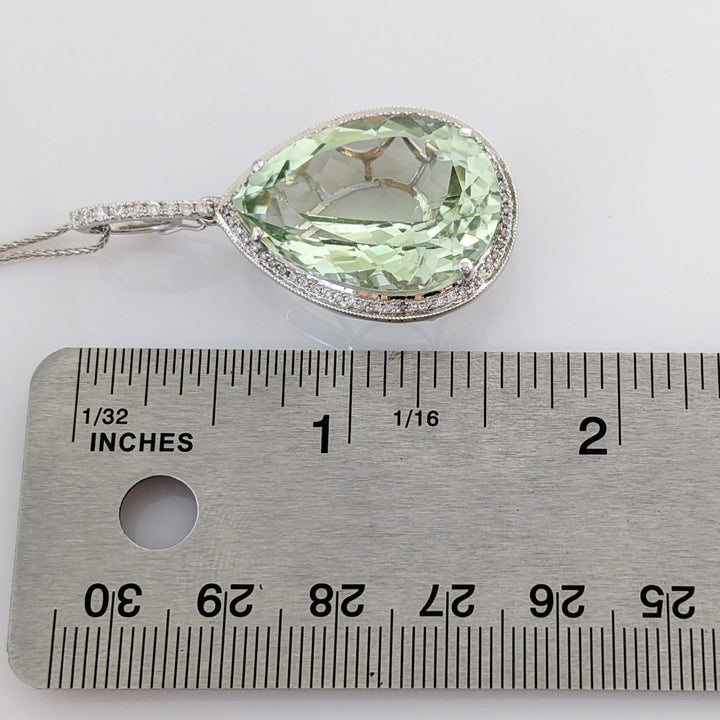 14K WHITE GREEN QUARTZ PEAR 18X25 WITH .61 DIAMOND TOTAL WEIGHT ESTATE PENDANT & CHAIN 12.0 GRAMS