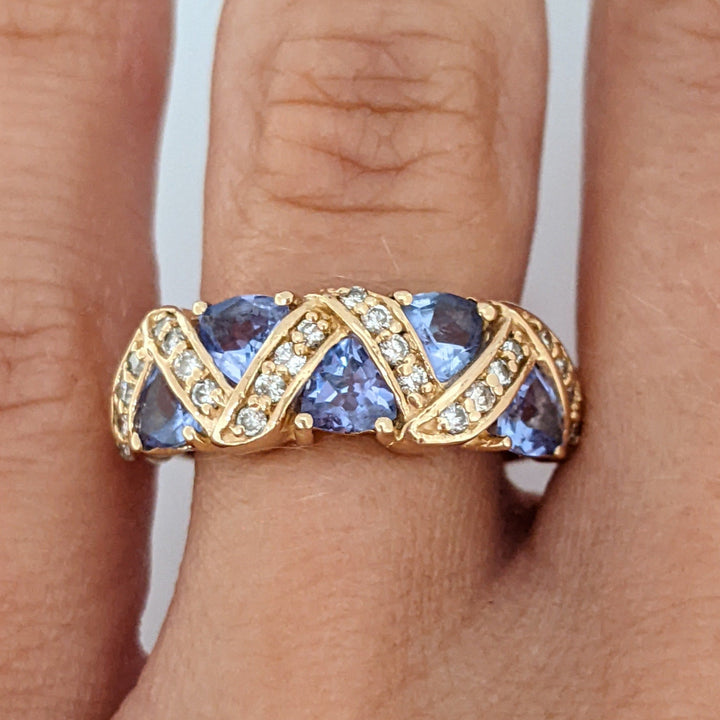 14K TANZANITE TRILLION (5) 4X4 WITH .24 CARAT TOTAL WEIGHT (24) ESTATE BAND 4.8 GRAMS