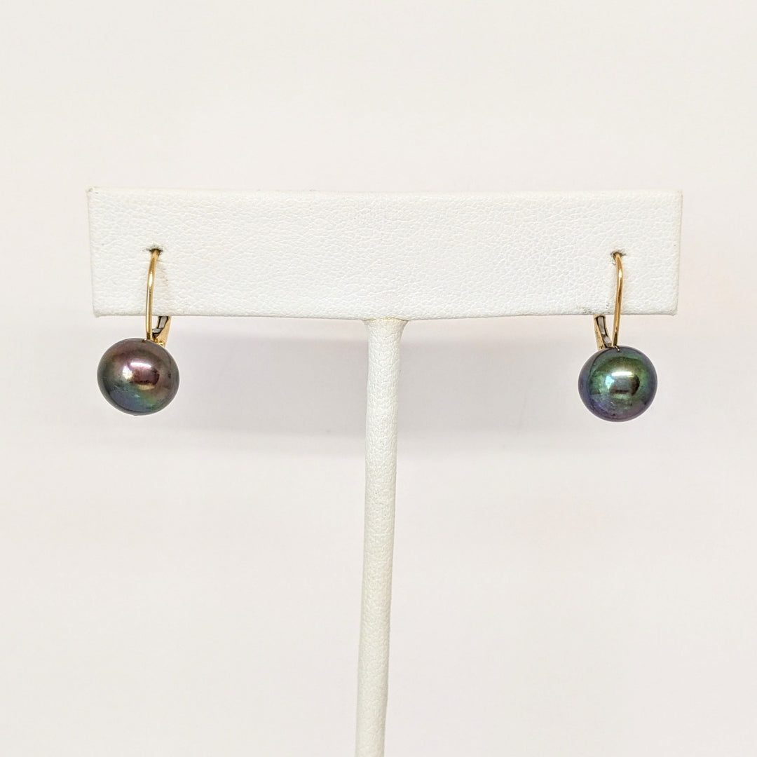 14K DYED BLACK BUTTON PEARL 8.5MM LEVERBACK ESTATE EARRINGS 2.1 GRAMS