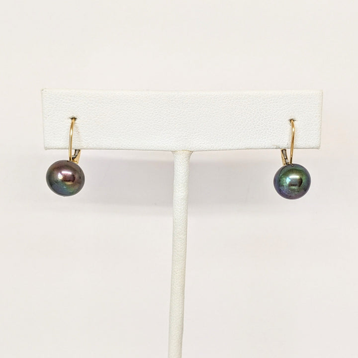 14K DYED BLACK BUTTON PEARL 8.5MM LEVERBACK ESTATE EARRINGS 2.1 GRAMS