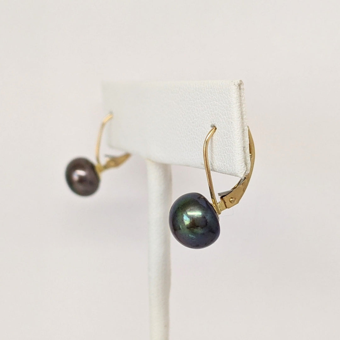 14K DYED BLACK BUTTON PEARL 8.5MM LEVERBACK ESTATE EARRINGS 2.1 GRAMS