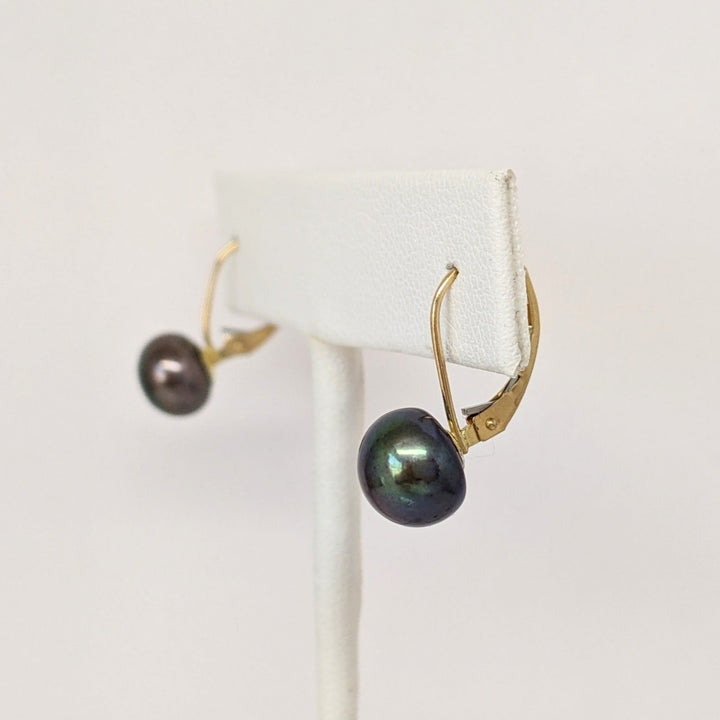 14K DYED BLACK BUTTON PEARL 8.5MM LEVERBACK ESTATE EARRINGS 2.1 GRAMS