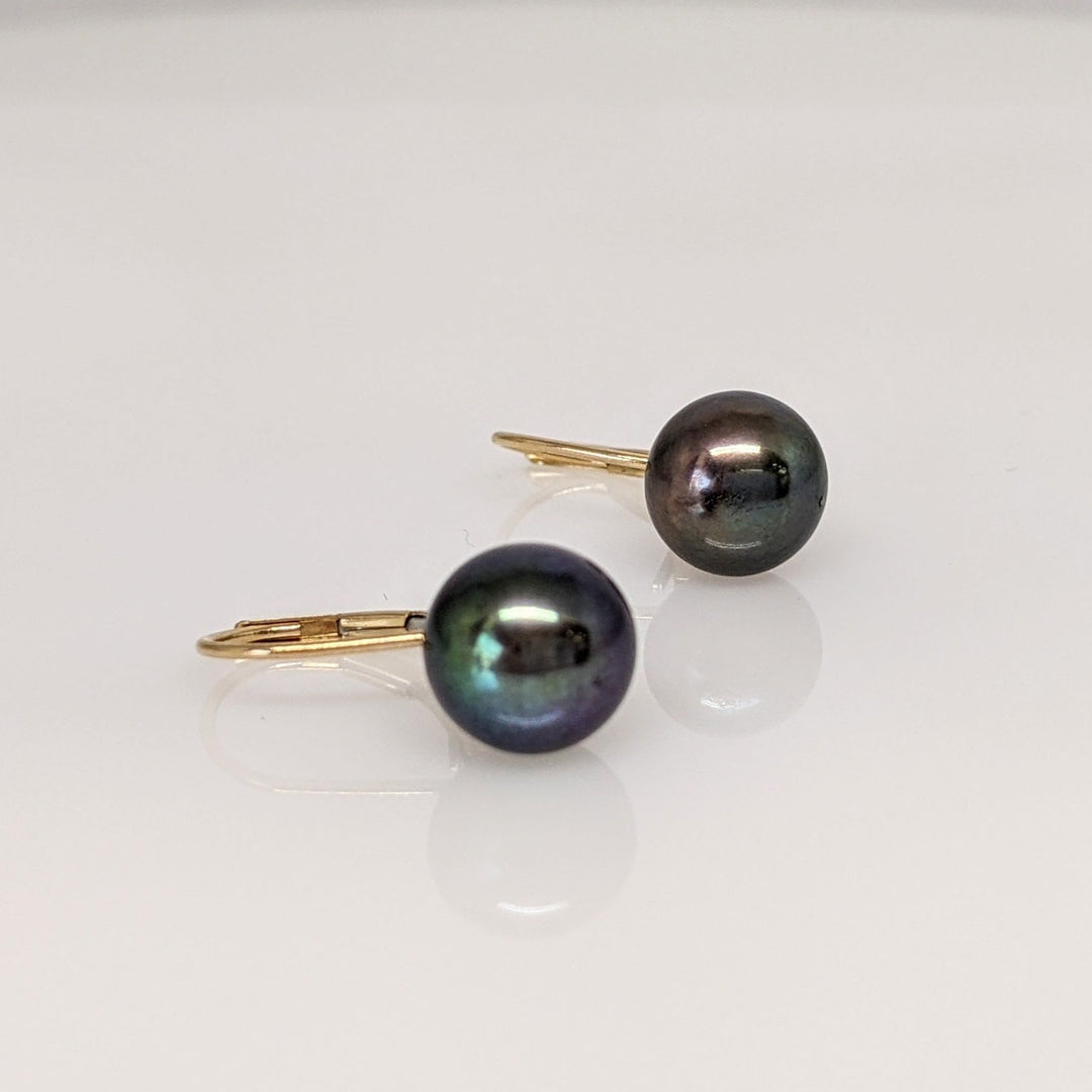 14K DYED BLACK BUTTON PEARL 8.5MM LEVERBACK ESTATE EARRINGS 2.1 GRAMS
