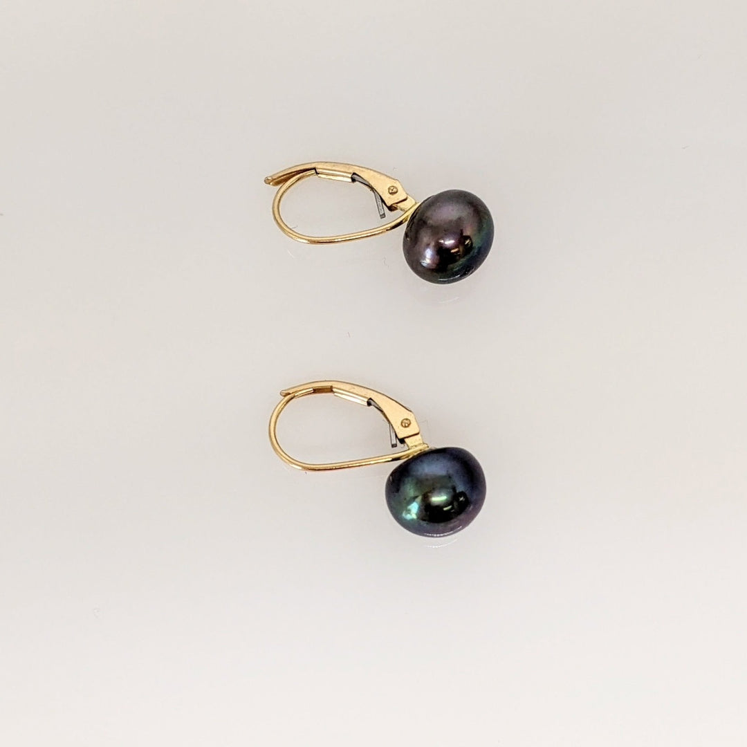 14K DYED BLACK BUTTON PEARL 8.5MM LEVERBACK ESTATE EARRINGS 2.1 GRAMS
