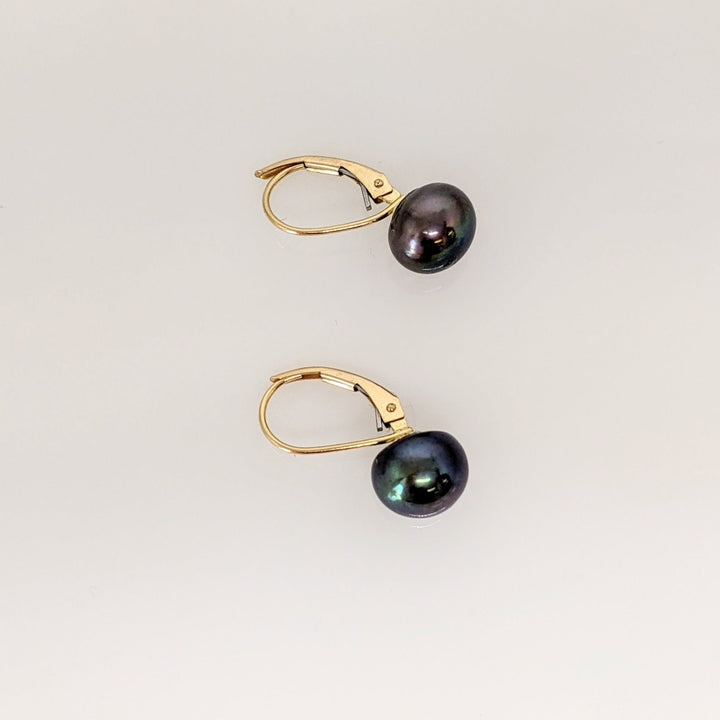 14K DYED BLACK BUTTON PEARL 8.5MM LEVERBACK ESTATE EARRINGS 2.1 GRAMS