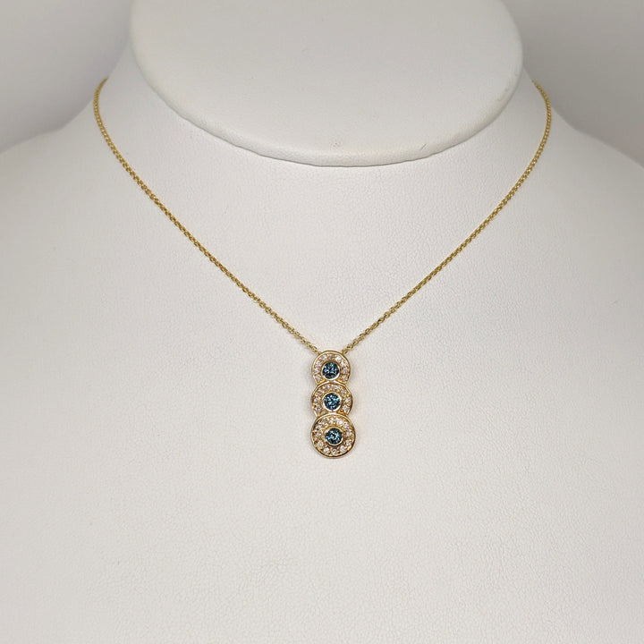 14K .65 CARAT TOTAL WEIGHT I1-I2 BLUE (3) WHITE (29) BEZEL ESTATE PENDANT & CHAIN 3.6 GRAMS