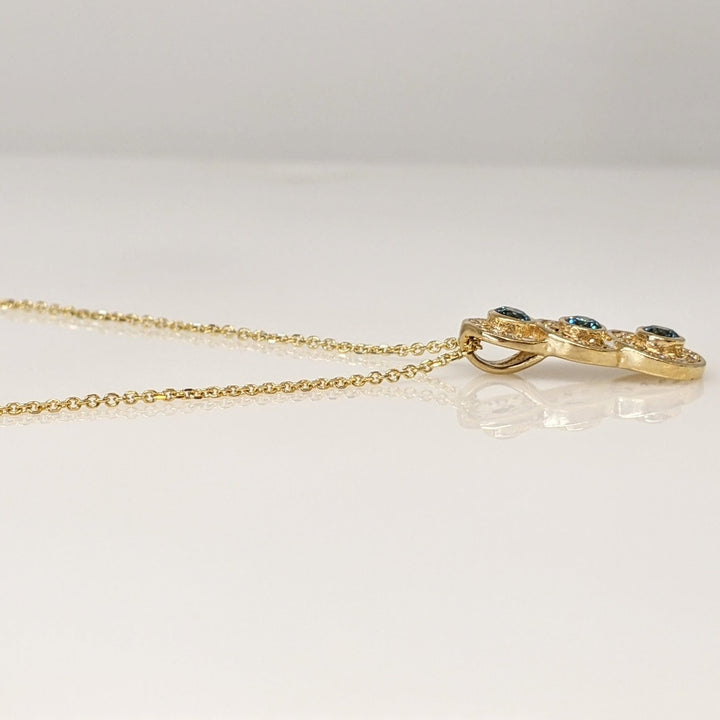 14K .65 CARAT TOTAL WEIGHT I1-I2 BLUE (3) WHITE (29) BEZEL ESTATE PENDANT & CHAIN 3.6 GRAMS