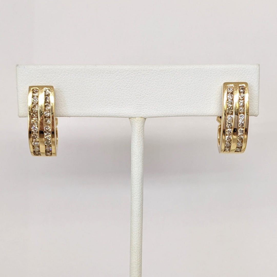 14K 1.00 CARAT TOTAL WEIGHT I1 L DIAMOND ROUND (4) CHANNEL SET J-HOOP ESTATE EARRINGS 8.4 GRAMS