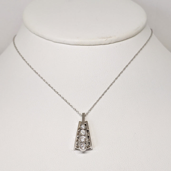 14K WHITE .17 CARAT TOTAL WEIGHT SI1 H DIAMOND ROUND (4) BEZEL TRIANGLE ESTATE PENDANT & CHAIN 3.7 GRAMS