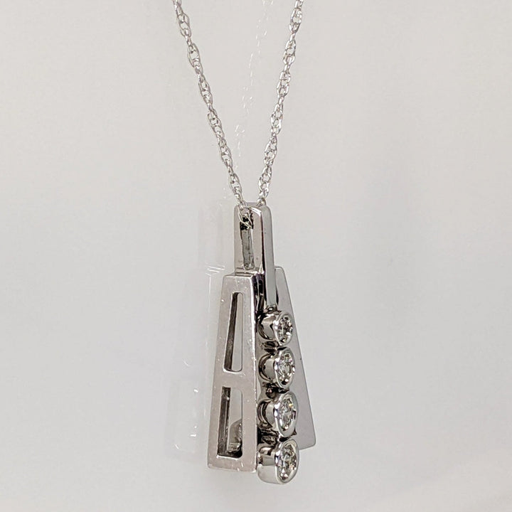14K WHITE .17 CARAT TOTAL WEIGHT SI1 H DIAMOND ROUND (4) BEZEL TRIANGLE ESTATE PENDANT & CHAIN 3.7 GRAMS