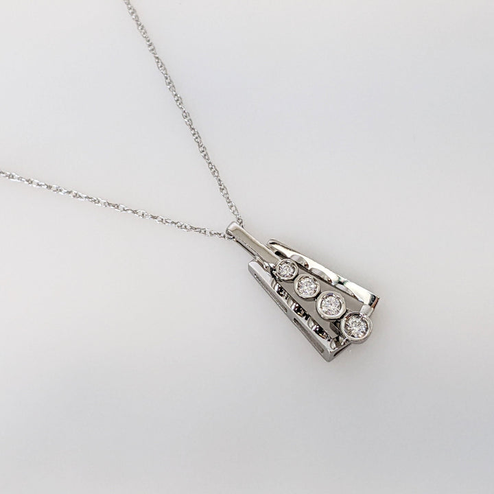 14K WHITE .17 CARAT TOTAL WEIGHT SI1 H DIAMOND ROUND (4) BEZEL TRIANGLE ESTATE PENDANT & CHAIN 3.7 GRAMS