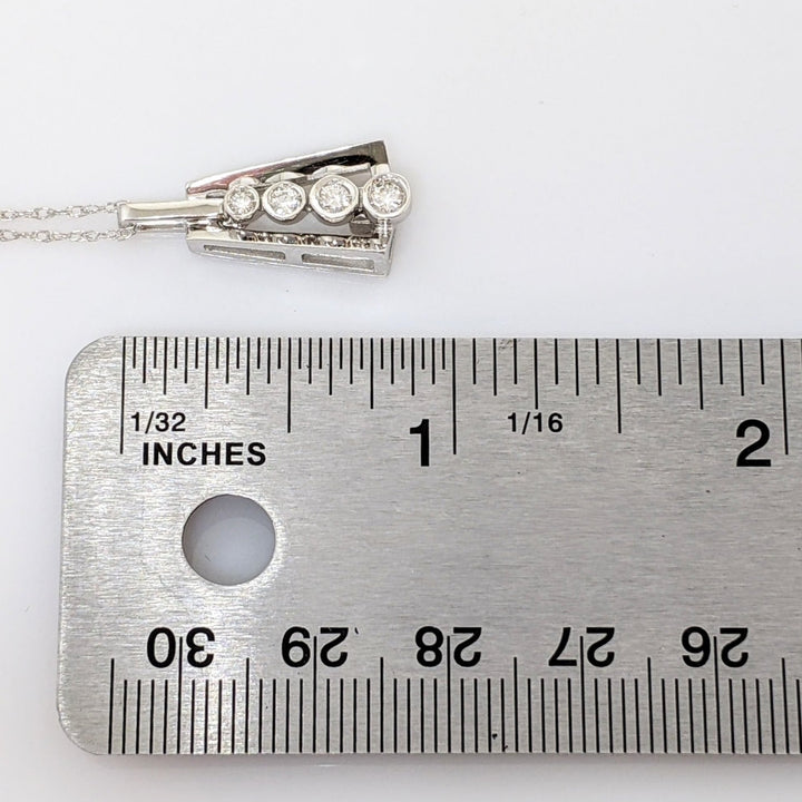 14K WHITE .17 CARAT TOTAL WEIGHT SI1 H DIAMOND ROUND (4) BEZEL TRIANGLE ESTATE PENDANT & CHAIN 3.7 GRAMS