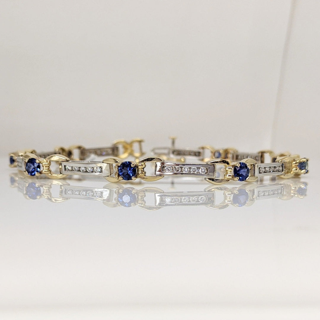 14K TWO-TONE LAB CREATED SAPPHIRE ROUND (8) 4MM WITH .67 DIAMOND CARAT TOTAL WEIGHT ESTATE BRACELET 12.7 GRAMS