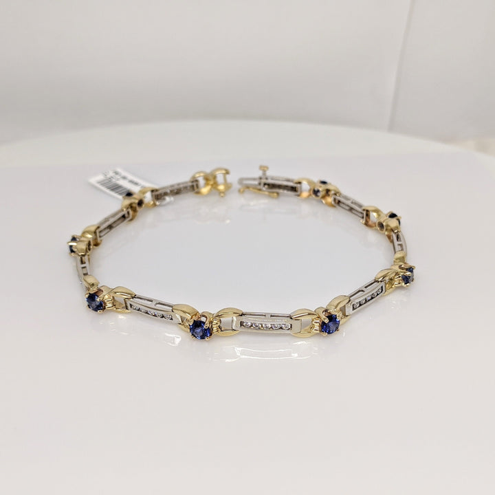 14K TWO-TONE LAB CREATED SAPPHIRE ROUND (8) 4MM WITH .67 DIAMOND CARAT TOTAL WEIGHT ESTATE BRACELET 12.7 GRAMS