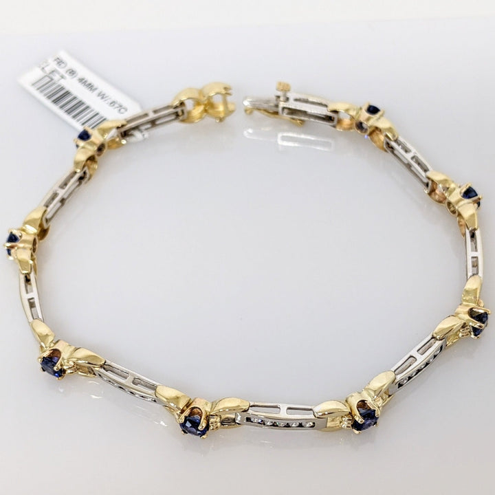 14K TWO-TONE LAB CREATED SAPPHIRE ROUND (8) 4MM WITH .67 DIAMOND CARAT TOTAL WEIGHT ESTATE BRACELET 12.7 GRAMS