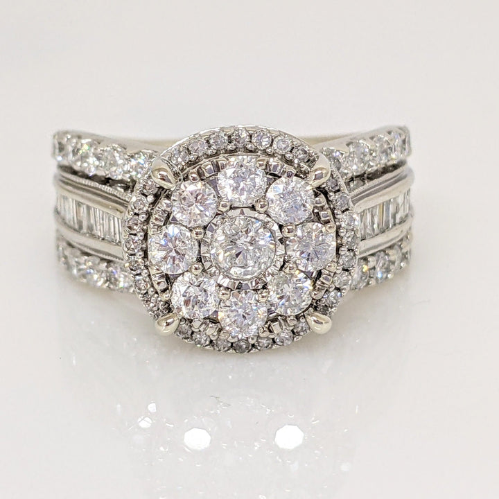 10K WHITE 1.99 CARAT TOTAL WEIGHT I1 H DIAMOND ROUND (61) BAGUETTE (24) ESTATE RING 7.3 GRAMS