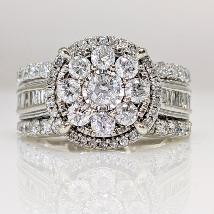 10K WHITE 1.99 CARAT TOTAL WEIGHT I1 H DIAMOND ROUND (61) BAGUETTE (24) ESTATE RING 7.3 GRAMS