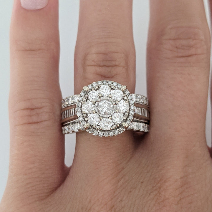 10K WHITE 1.99 CARAT TOTAL WEIGHT I1 H DIAMOND ROUND (61) BAGUETTE (24) ESTATE RING 7.3 GRAMS