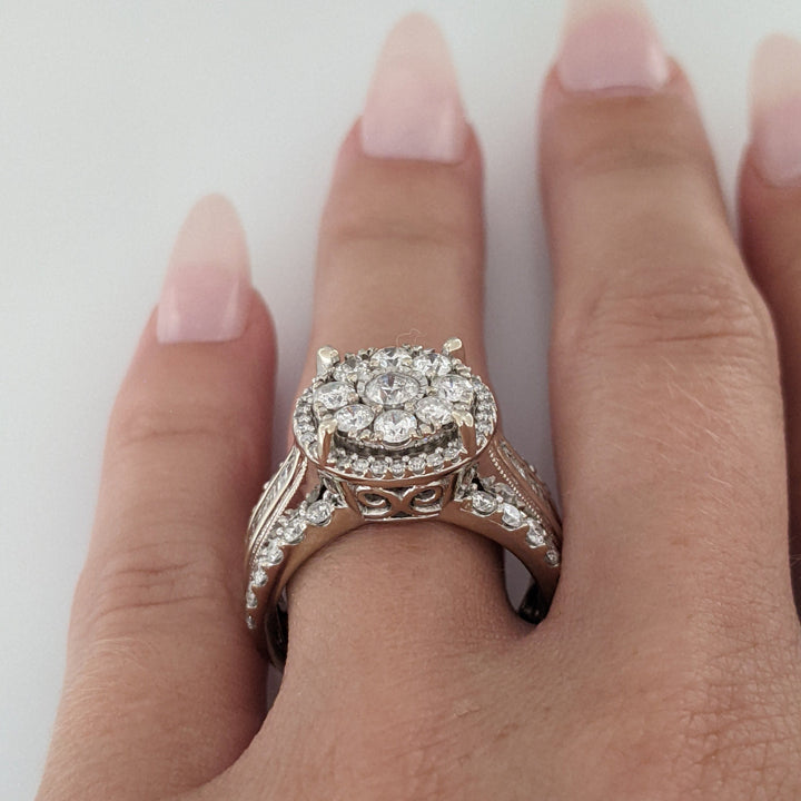 10K WHITE 1.99 CARAT TOTAL WEIGHT I1 H DIAMOND ROUND (61) BAGUETTE (24) ESTATE RING 7.3 GRAMS