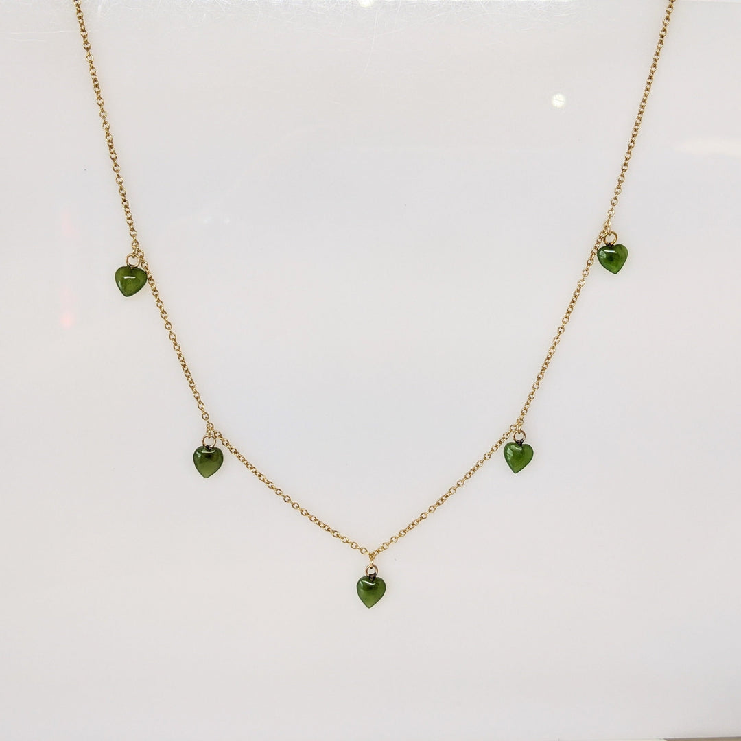 14K JADE HEART 6MM (5) CHARM DANGLE ESTATE NECKLACE 2.0 GRAMS