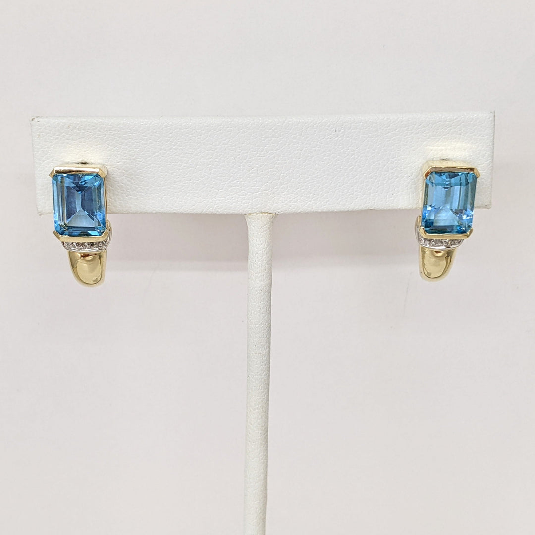 14K BLUE TOPAZ EMERALD CUT 7X9 WITH DIAMONDS ESTATE EARRINGS 5.4 GRAMS