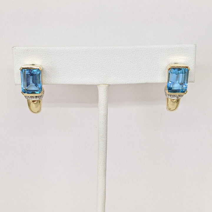 14K BLUE TOPAZ EMERALD CUT 7X9 WITH DIAMONDS ESTATE EARRINGS 5.4 GRAMS