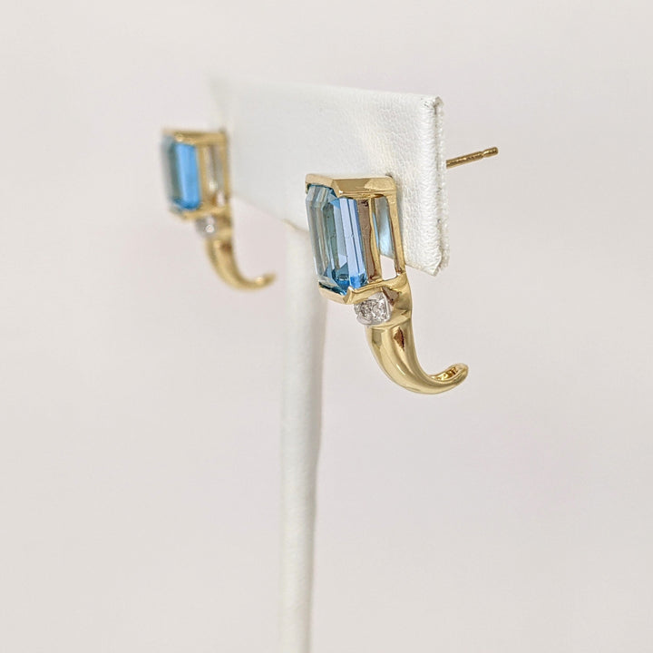 14K BLUE TOPAZ EMERALD CUT 7X9 WITH DIAMONDS ESTATE EARRINGS 5.4 GRAMS